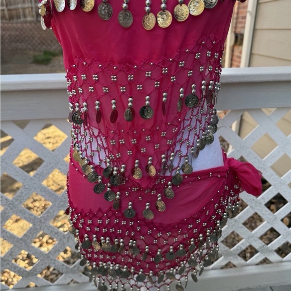 Hot Pink Belly Dance Halter Top & Skirt Gold Coin Accent Costume 24” Bust Junior - Picture 3 of 11